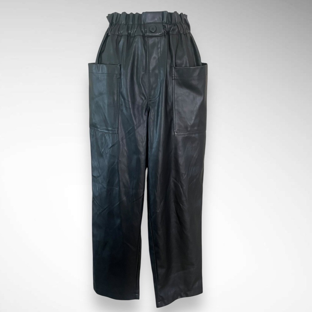 OPHELIA ROE Black High Waisted Vegan Leather Straight Leg Cropped‎ Pants  | EUC